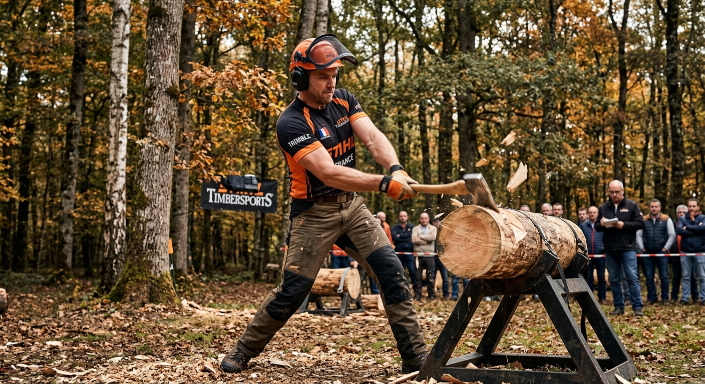 Athlète de bûcheronnage sportif STIHL Timbersports en pleine épreuve