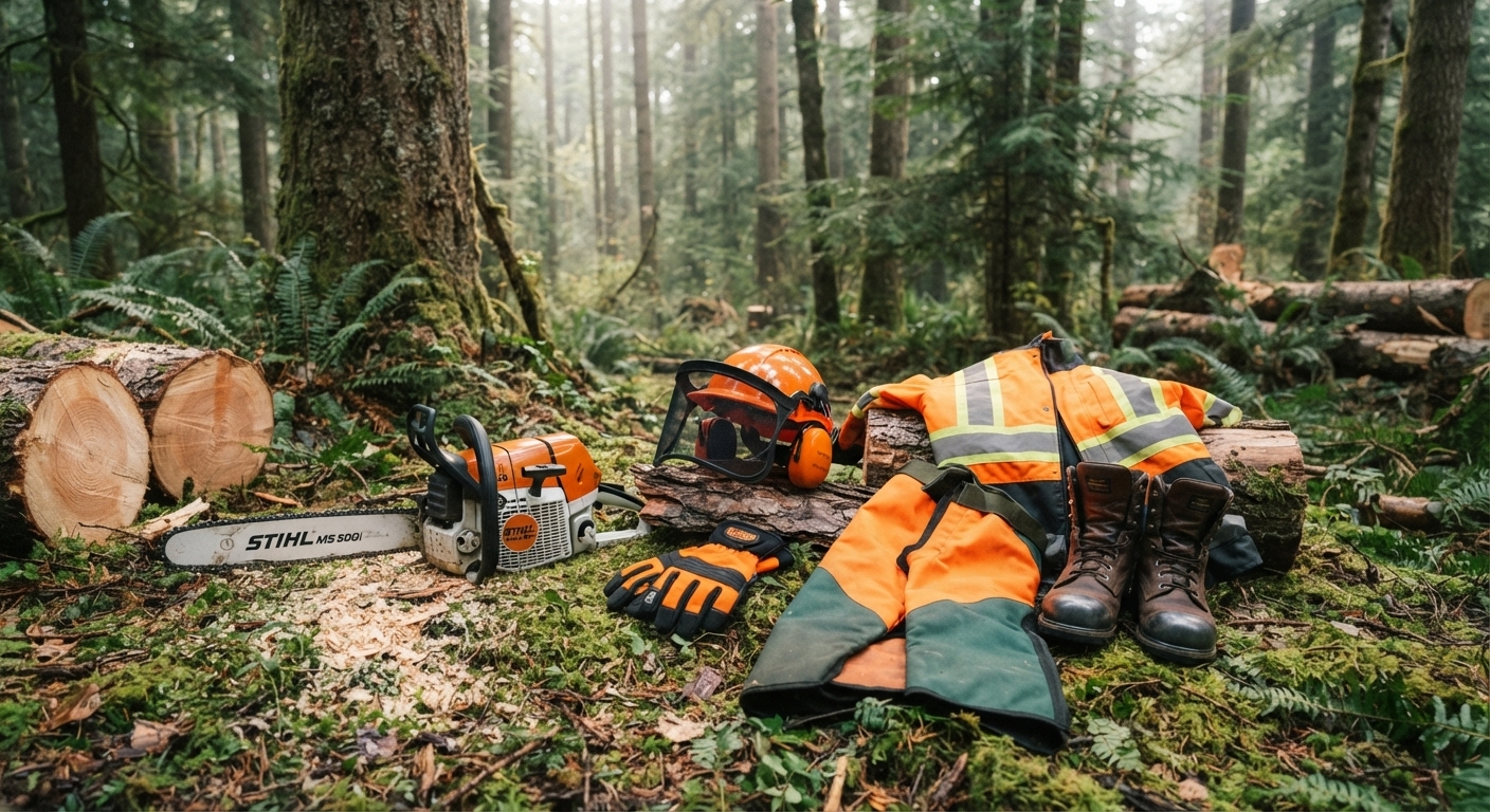Équipement de protection complet pour le bûcheronnage : casque, gants et pantalon anti-coupure