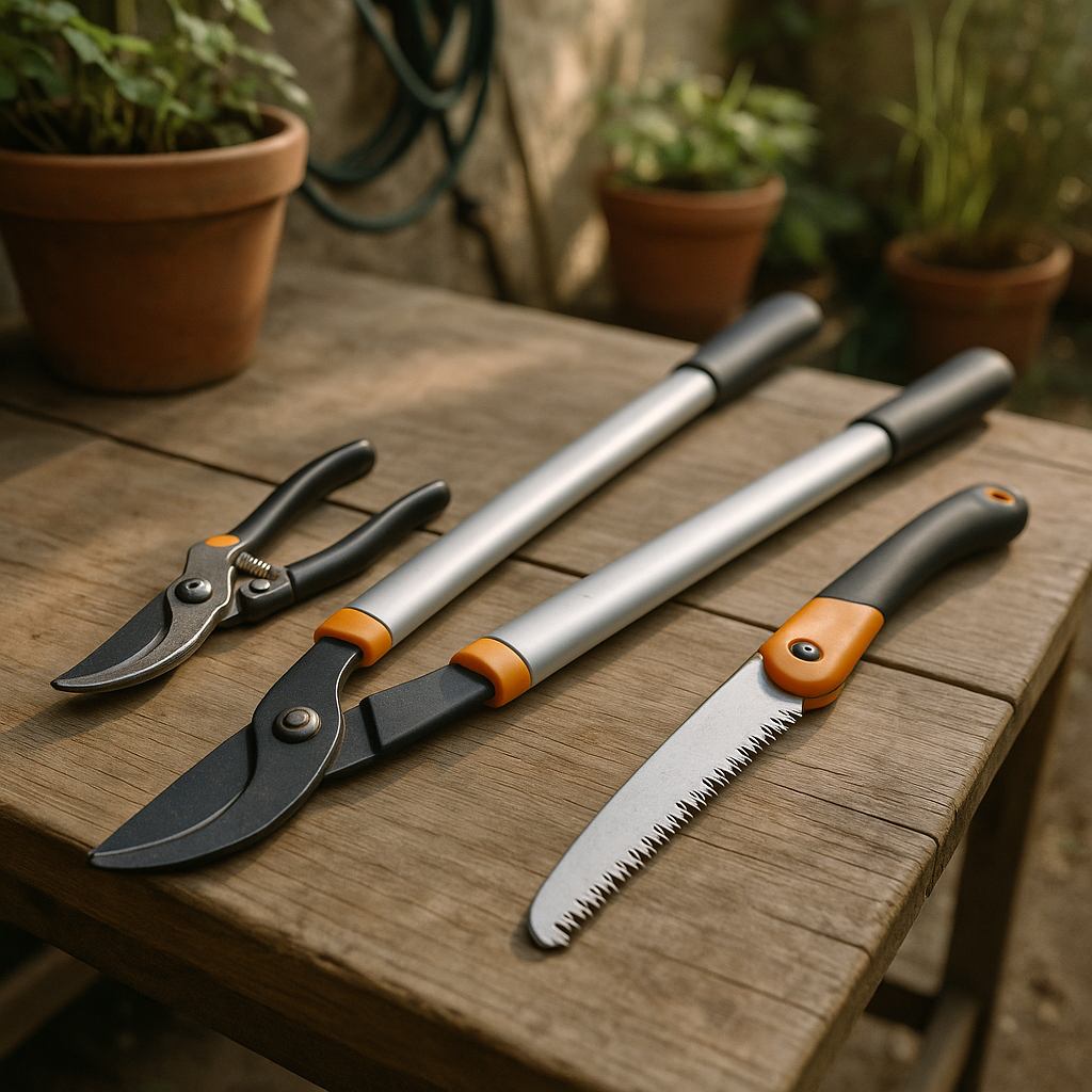Petit outillage pour le bûcheronnage et le jardinage : haches, sécateurs, scies