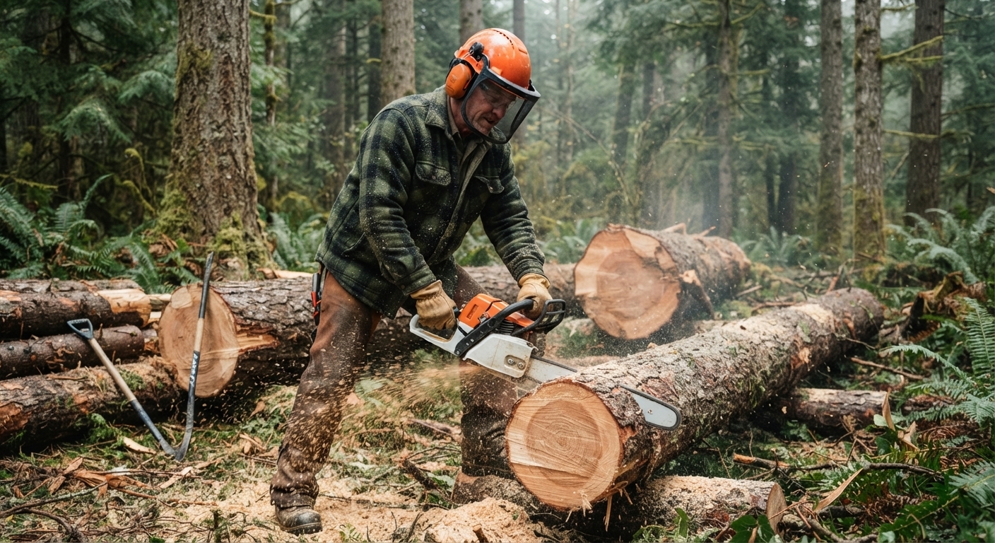 Bûcheron débutant préparant du bois de chauffage en forêt