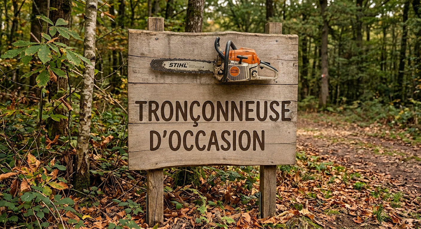 Tronçonneuse d'occasion Stihl posée sur une bûche
